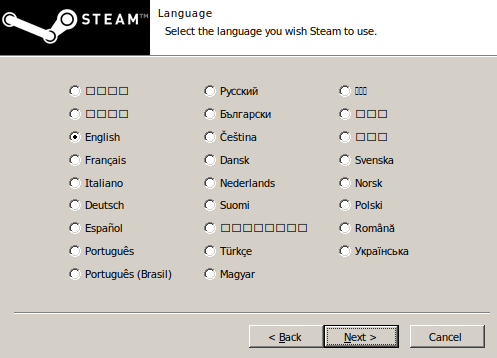 Steam language select screen